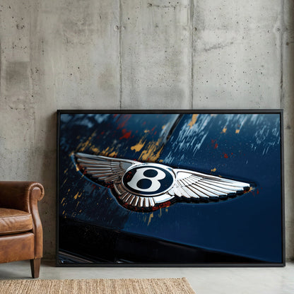 Close-up of a Bentley winged logo on a blue car hood with paint markings wall art.