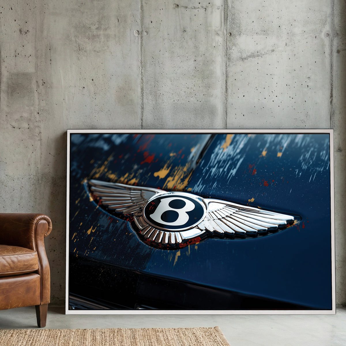 Close-up of a Bentley winged logo on a blue car hood with paint markings wall art.