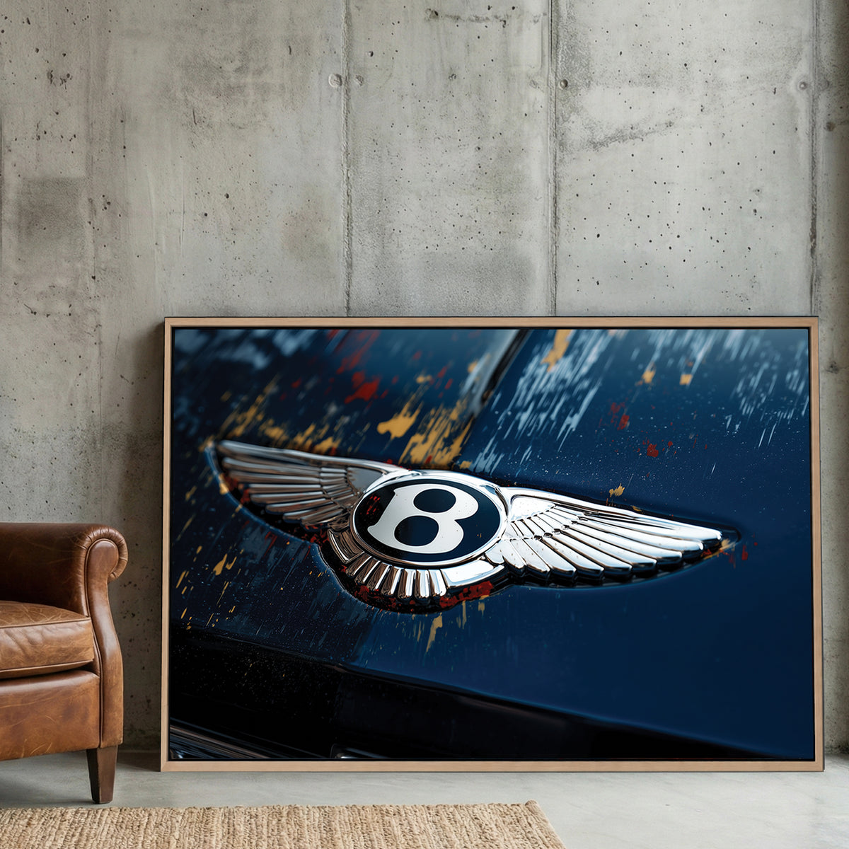 Close-up of a Bentley winged logo on a blue car hood with paint markings wall art.
