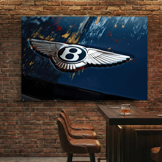 Close-up of a Bentley winged logo on a blue car hood with paint markings wall art.