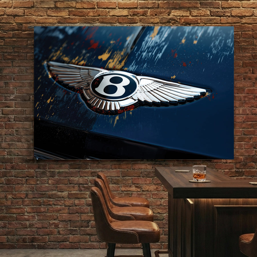 Close-up of a Bentley winged logo on a blue car hood with paint markings wall art.