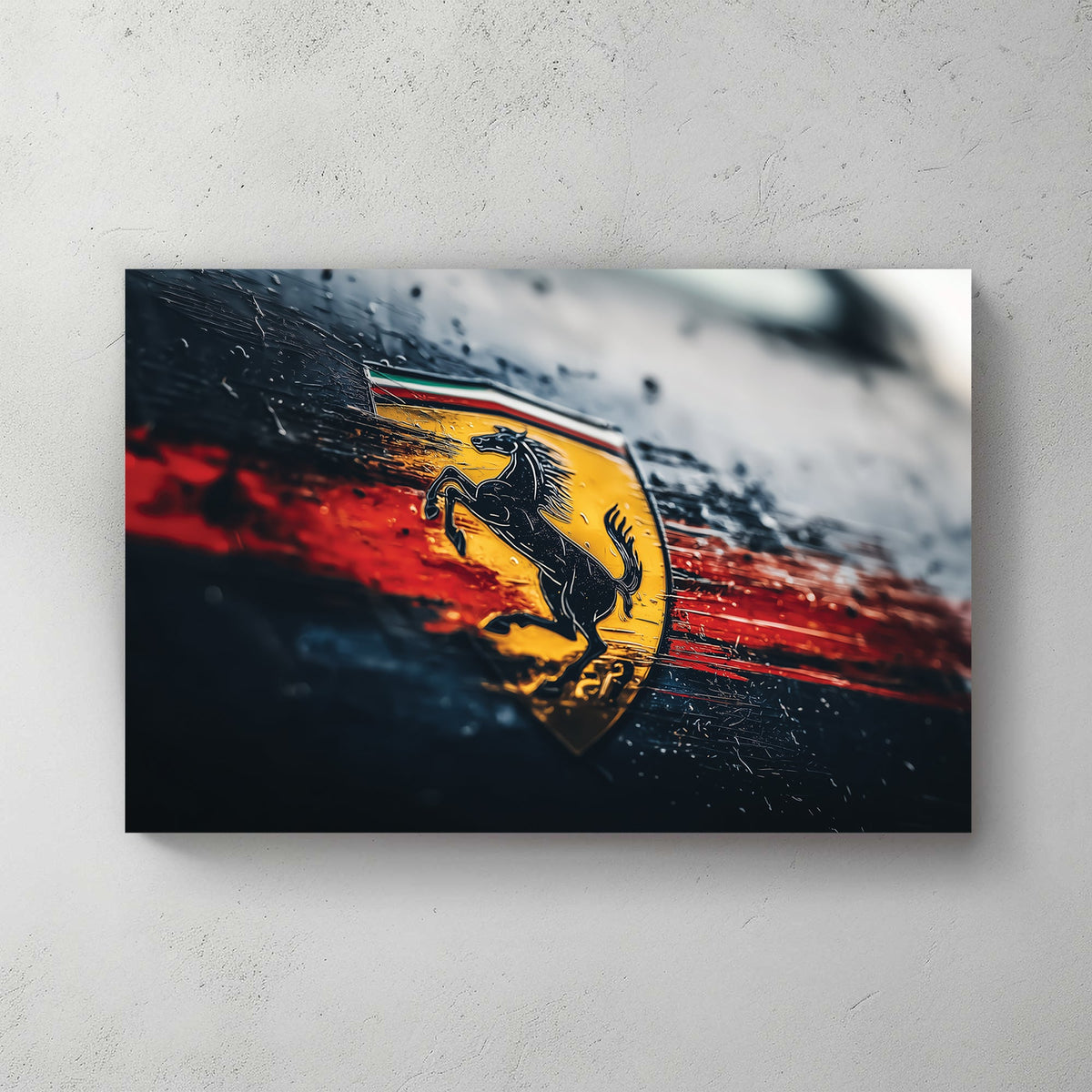 Weathered Ferrari logo wall art with raindrops and red streaks on a dark background.
