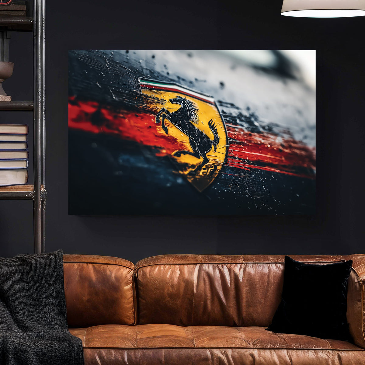 Weathered Ferrari logo wall art with raindrops and red streaks on a dark background.