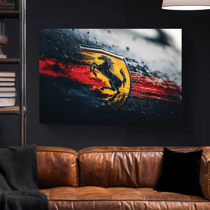 Weathered Ferrari logo wall art with raindrops and red streaks on a dark background.