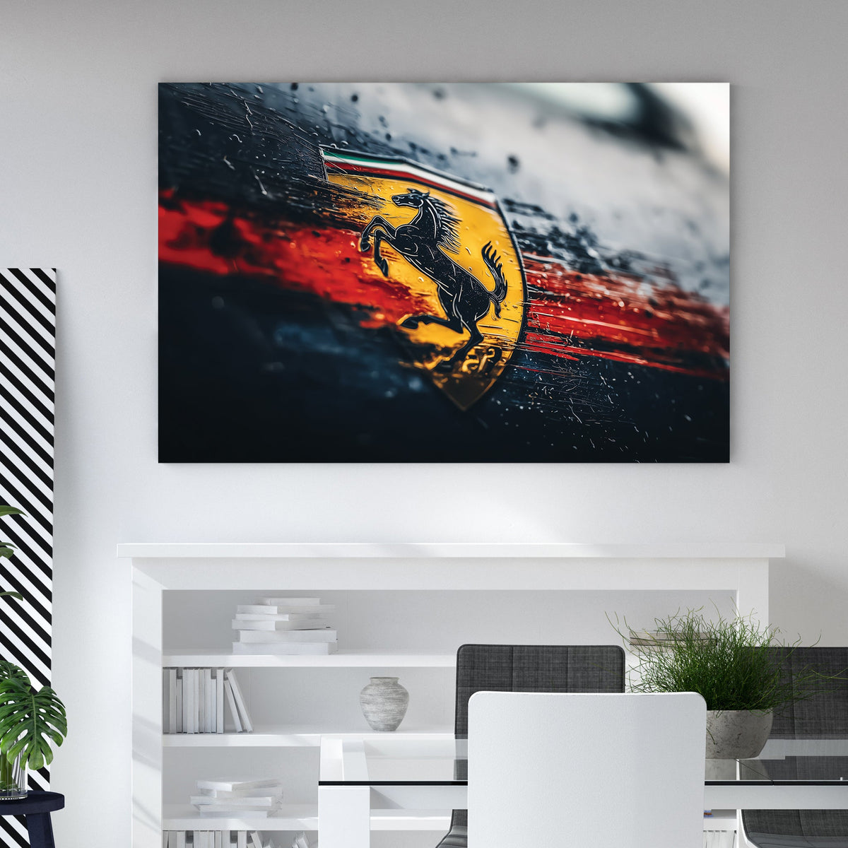 Weathered Ferrari logo wall art with raindrops and red streaks on a dark background.