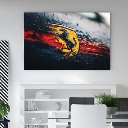 Weathered Ferrari logo wall art with raindrops and red streaks on a dark background.