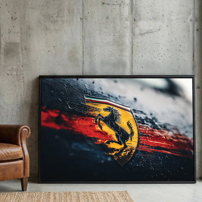 Weathered Ferrari logo wall art with raindrops and red streaks on a dark background.