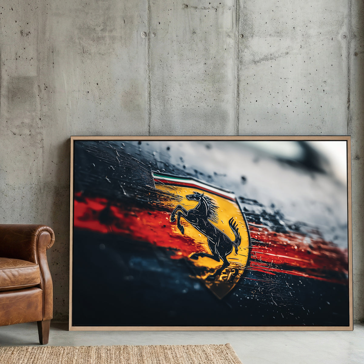 Weathered Ferrari logo wall art with raindrops and red streaks on a dark background.