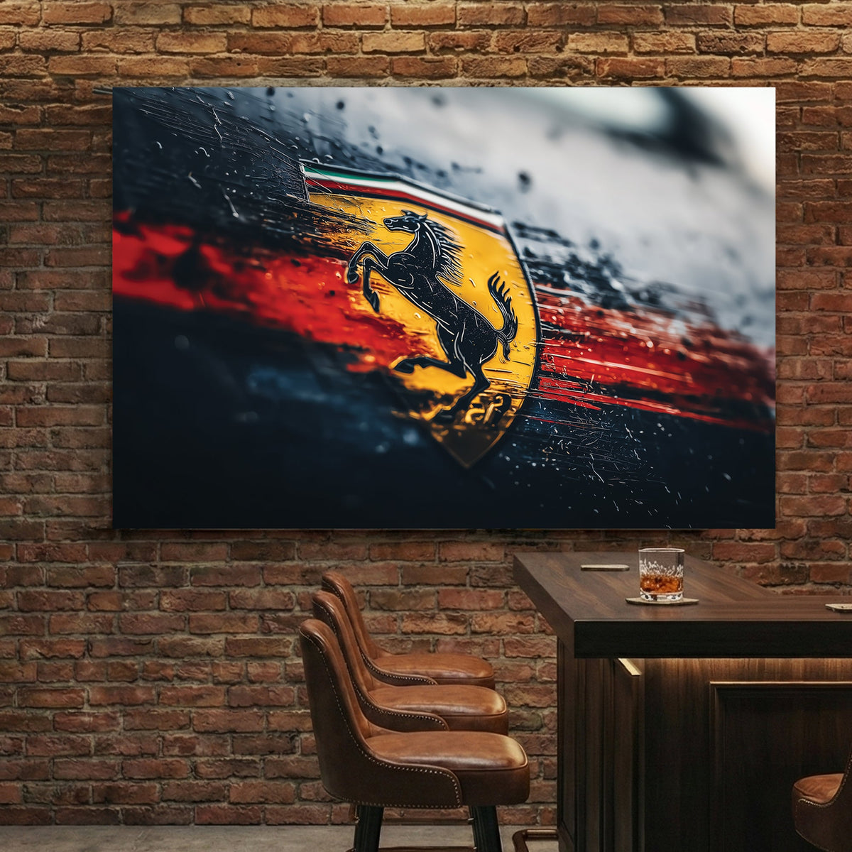 Weathered Ferrari logo wall art with raindrops and red streaks on a dark background.