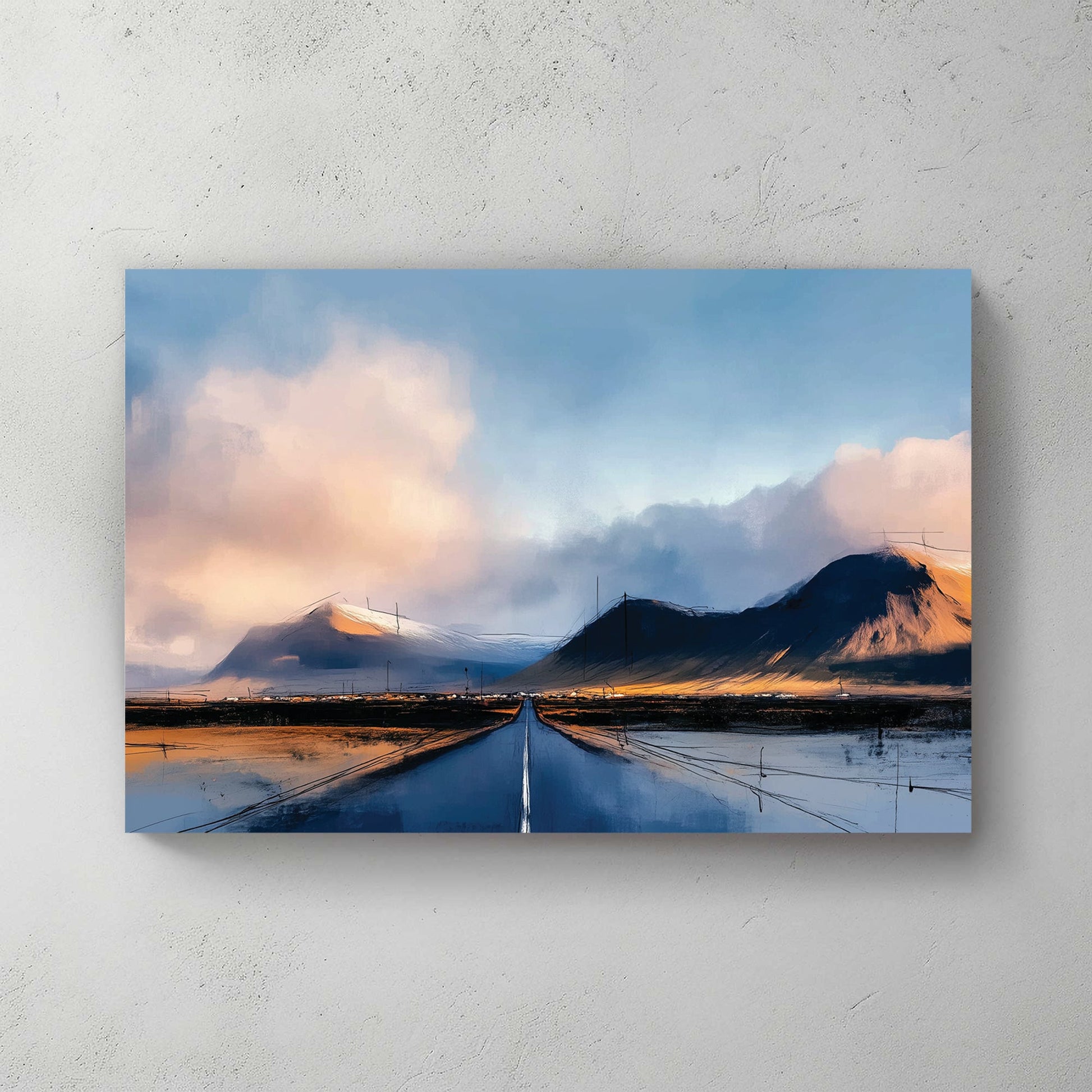 Impressionist Mountain Road wall art featuring a highway leading toward snowy peaks under clouds.
