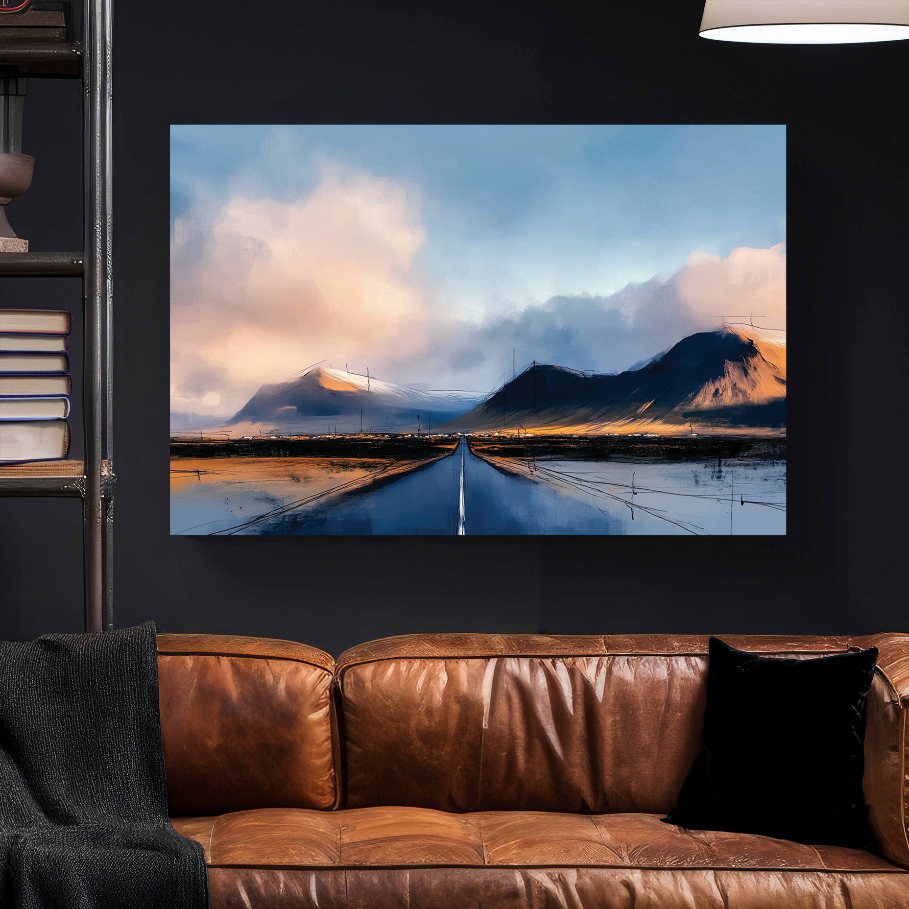 Impressionist Mountain Road wall art featuring a highway leading toward snowy peaks under clouds.