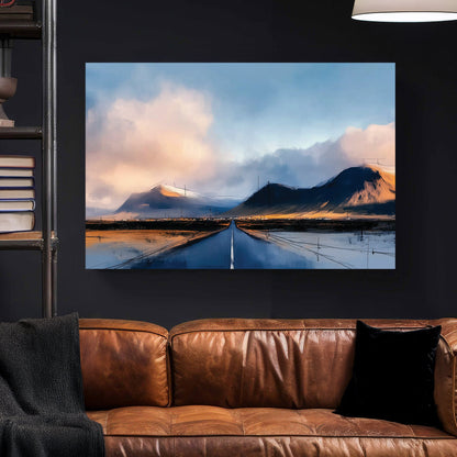 Impressionist Mountain Road wall art featuring a highway leading toward snowy peaks under clouds.