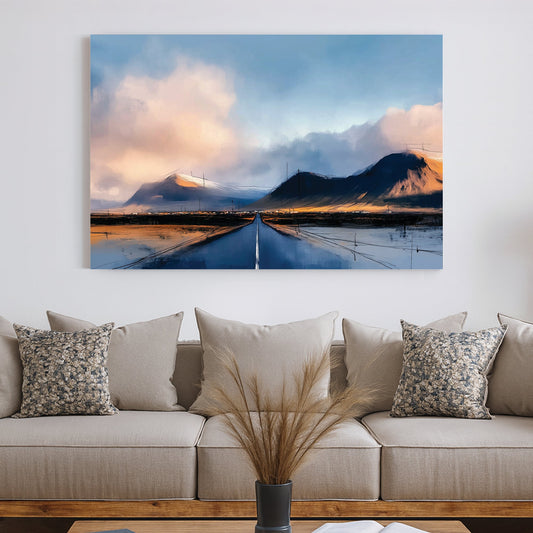 Impressionist Mountain Road wall art featuring a highway leading toward snowy peaks under clouds.