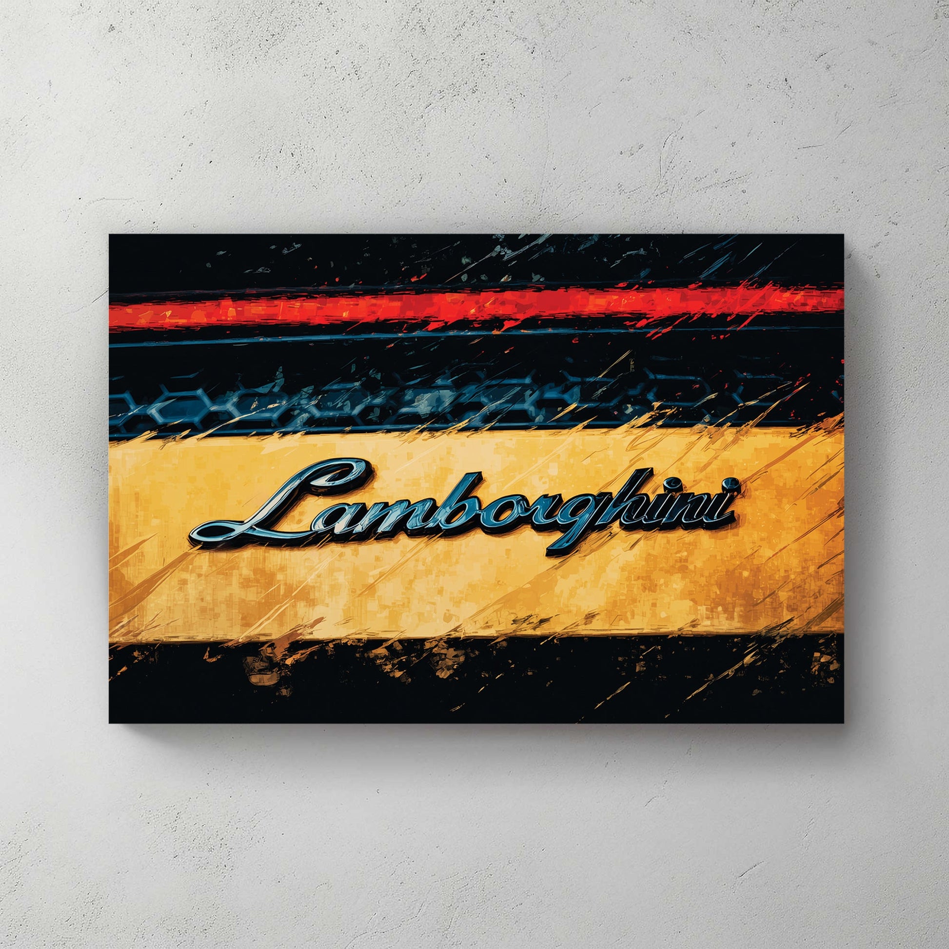 Lamborghini script emblem on yellow car with urban street art visual depth wall art.
