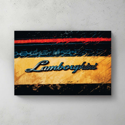 Lamborghini script emblem on yellow car with urban street art visual depth wall art.