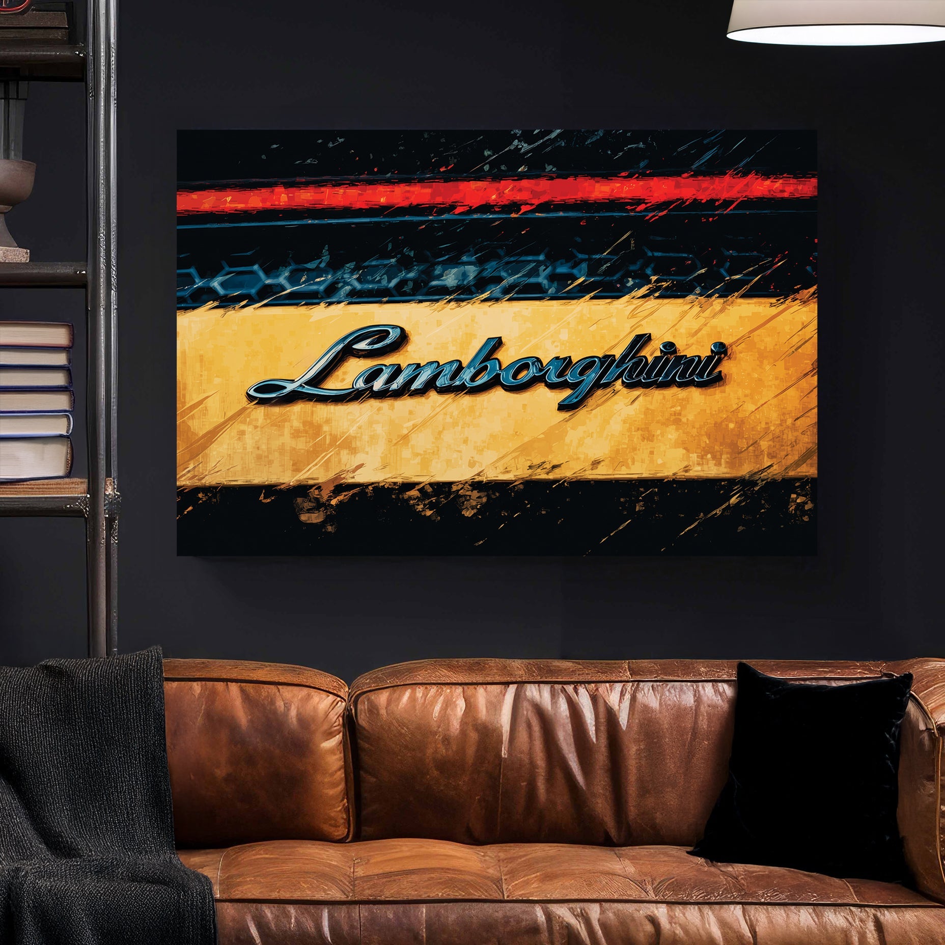 Lamborghini script emblem on yellow car with urban street art visual depth wall art.