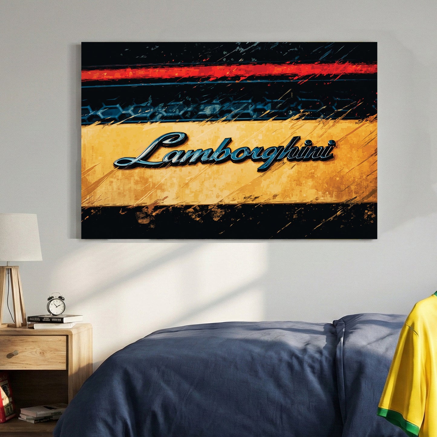 Lamborghini script emblem on yellow car with urban street art visual depth wall art.