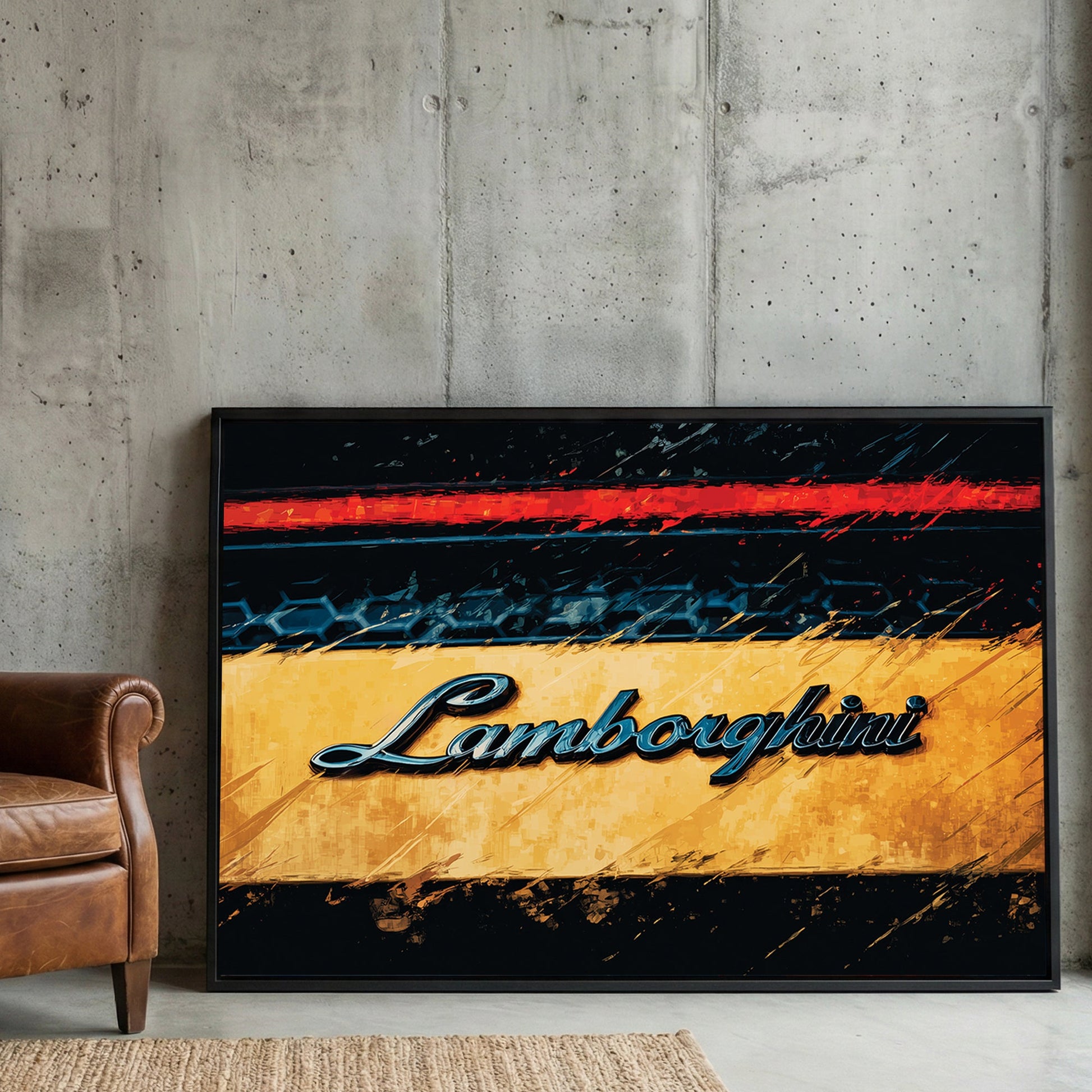 Lamborghini script emblem on yellow car with urban street art visual depth wall art.