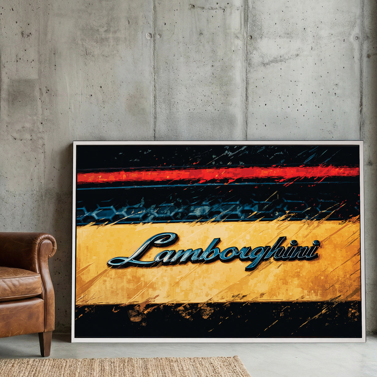 Lamborghini script emblem on yellow car with urban street art visual depth wall art.