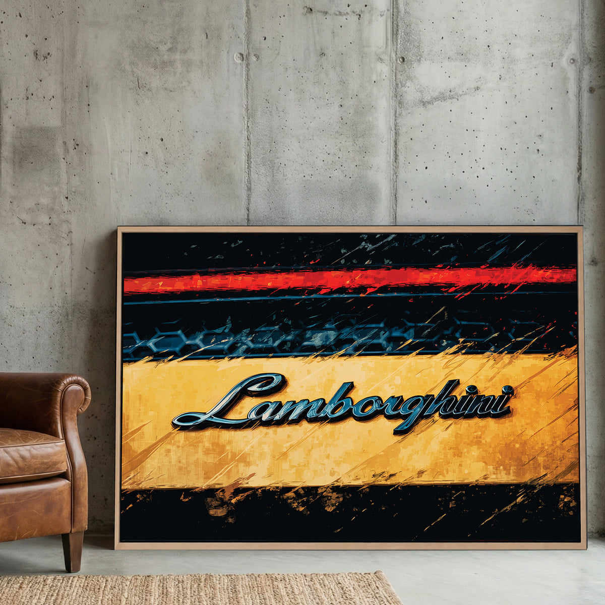 Lamborghini script emblem on yellow car with urban street art visual depth wall art.