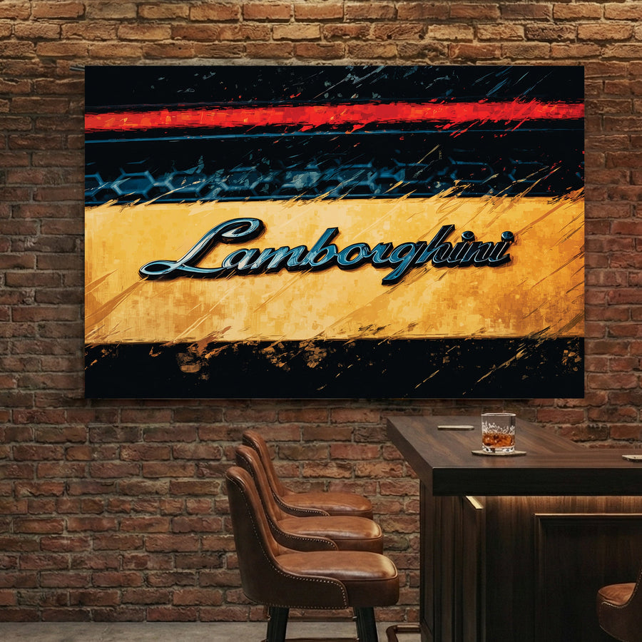 Lamborghini script emblem on yellow car with urban street art visual depth wall art.