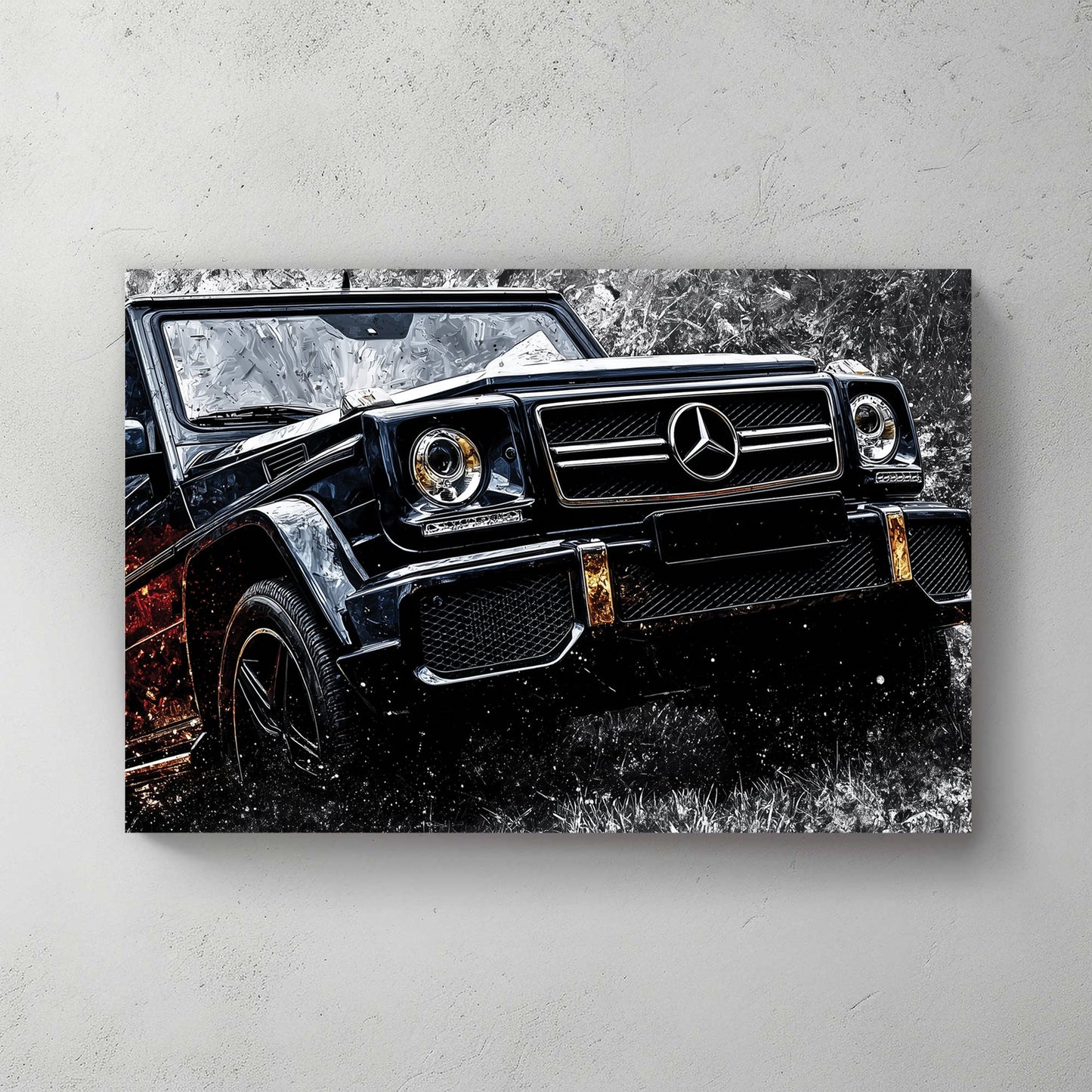 Mercedes-Benz G-Class street art wall art with black paint and urban patterns.