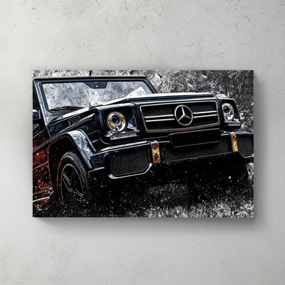 Mercedes-Benz G-Class street art wall art with black paint and urban patterns.