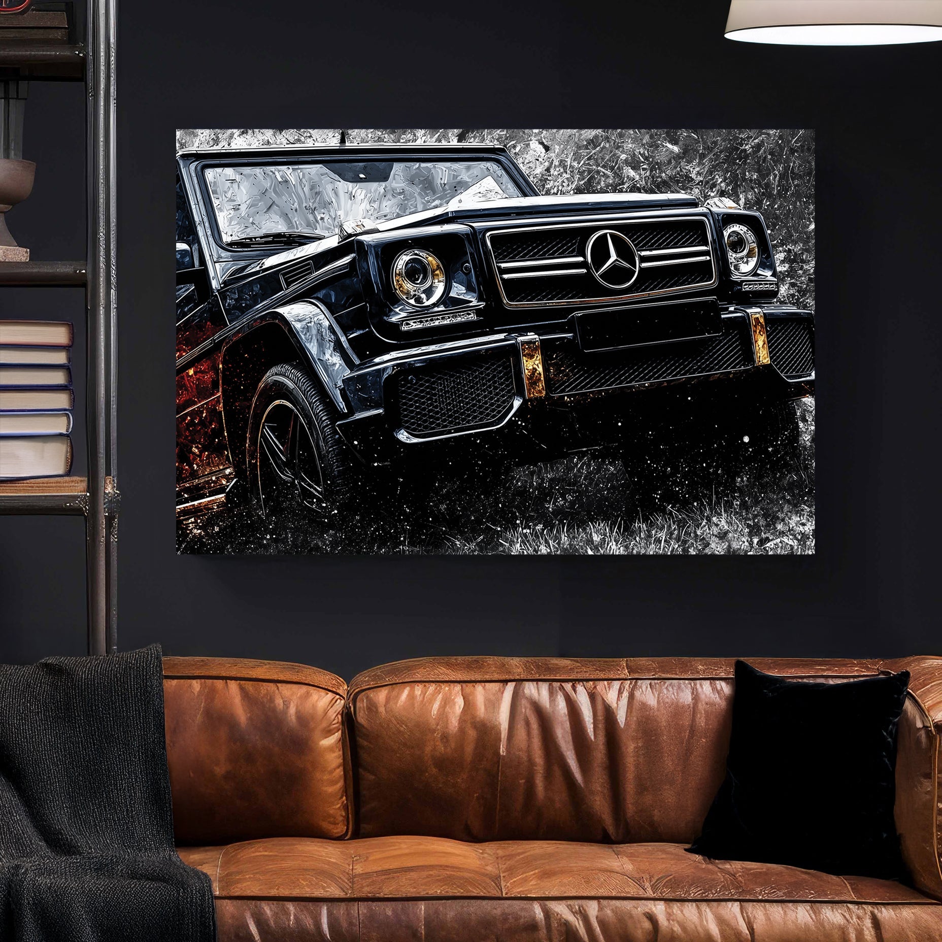 Mercedes-Benz G-Class street art wall art with black paint and urban patterns.