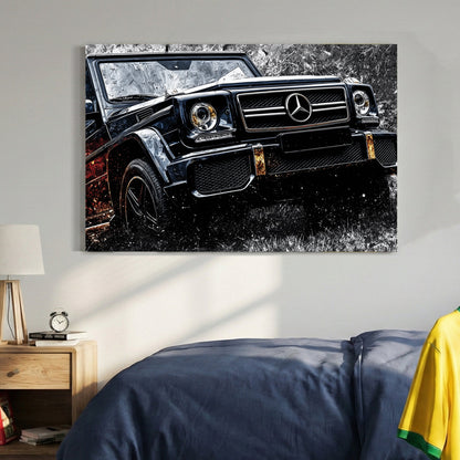 Mercedes-Benz G-Class street art wall art with black paint and urban patterns.
