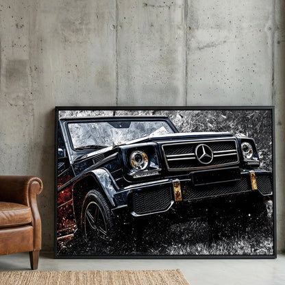 Mercedes-Benz G-Class street art wall art with black paint and urban patterns.