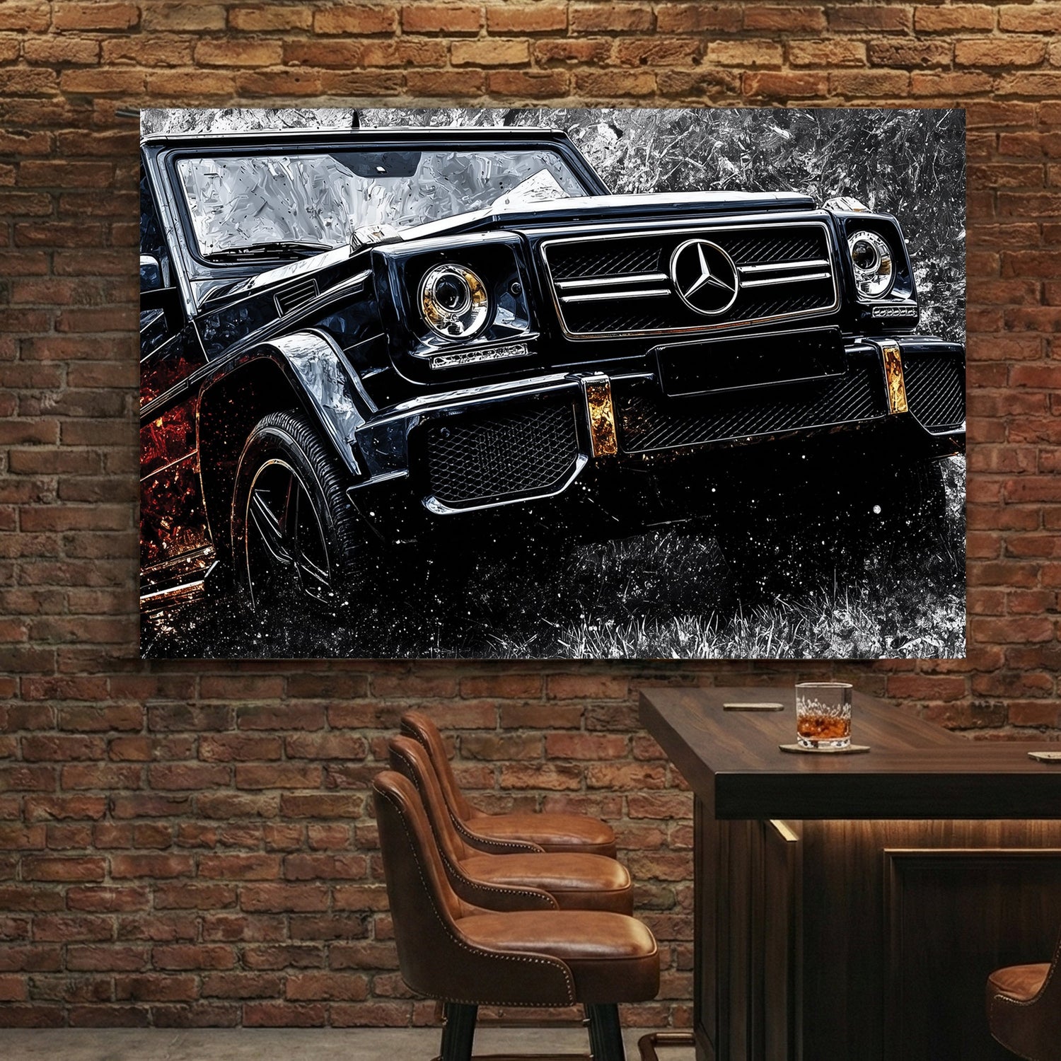 Mercedes-Benz G-Class street art wall art with black paint and urban patterns.