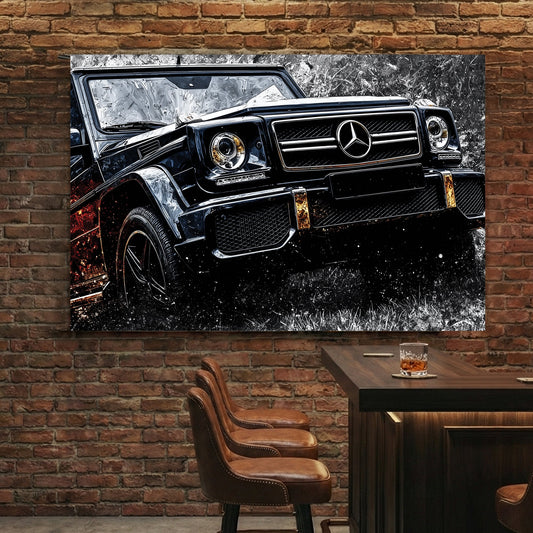 Mercedes-Benz G-Class street art wall art with black paint and urban patterns.