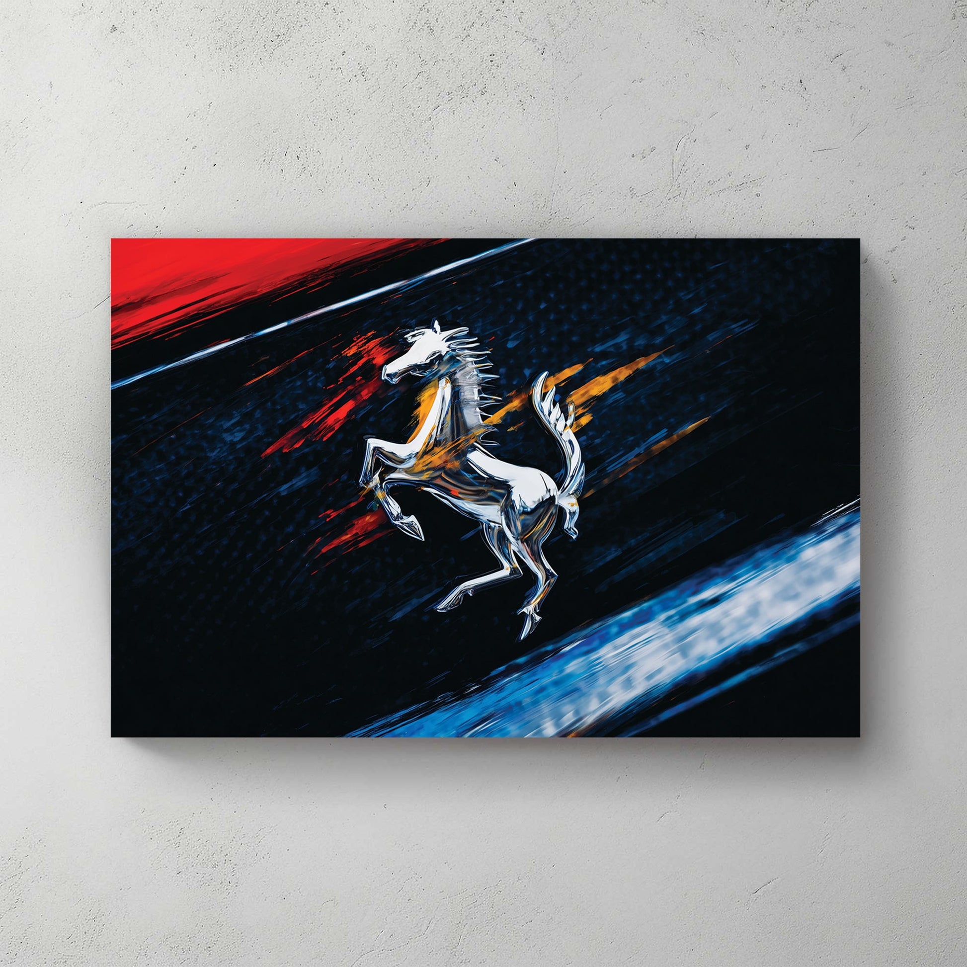 Ferrari prancing horse logo in a contemporary urban wall art style with red and blue accents.
