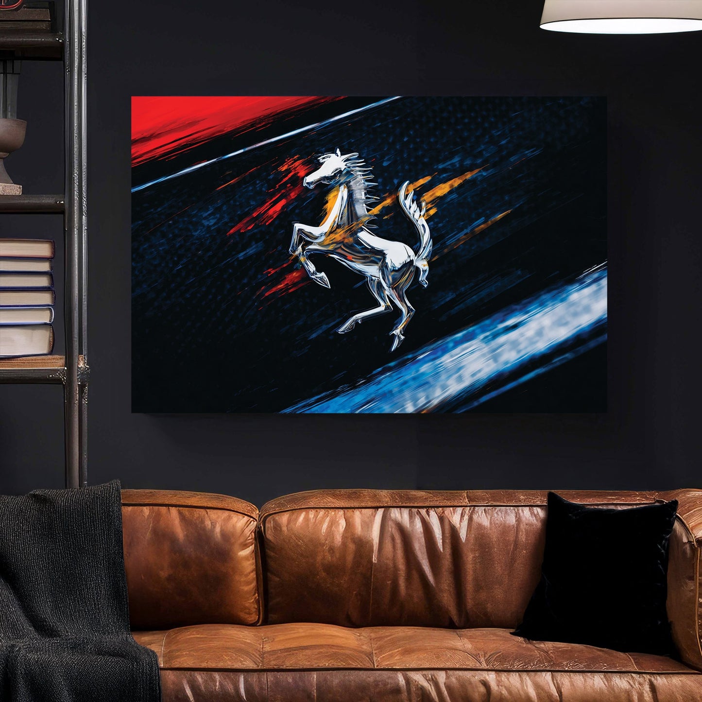Ferrari prancing horse logo in a contemporary urban wall art style with red and blue accents.