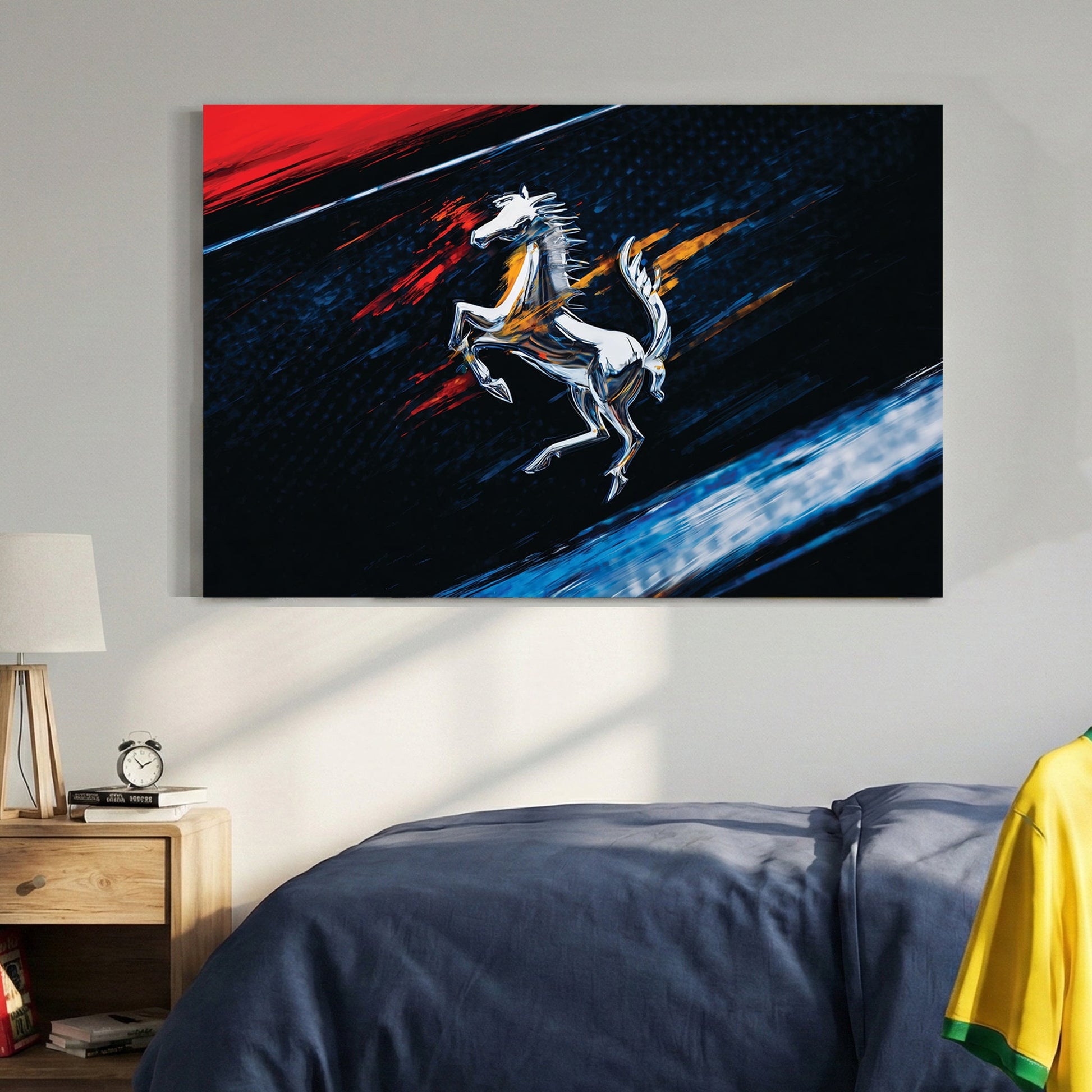Ferrari prancing horse logo in a contemporary urban wall art style with red and blue accents.