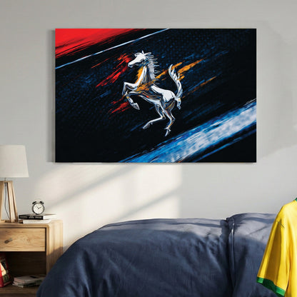 Ferrari prancing horse logo in a contemporary urban wall art style with red and blue accents.