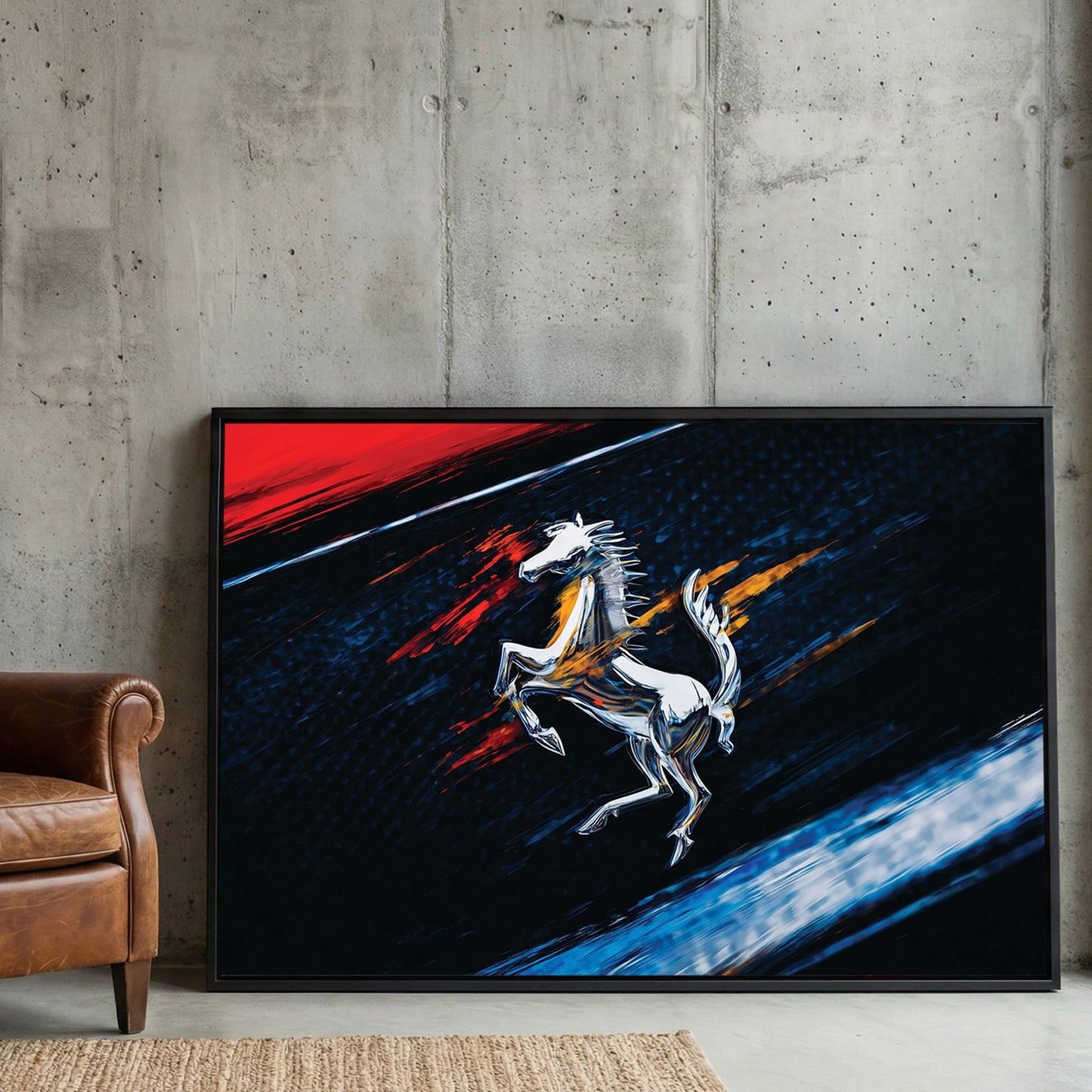 Ferrari prancing horse logo in a contemporary urban wall art style with red and blue accents.