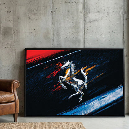 Ferrari prancing horse logo in a contemporary urban wall art style with red and blue accents.