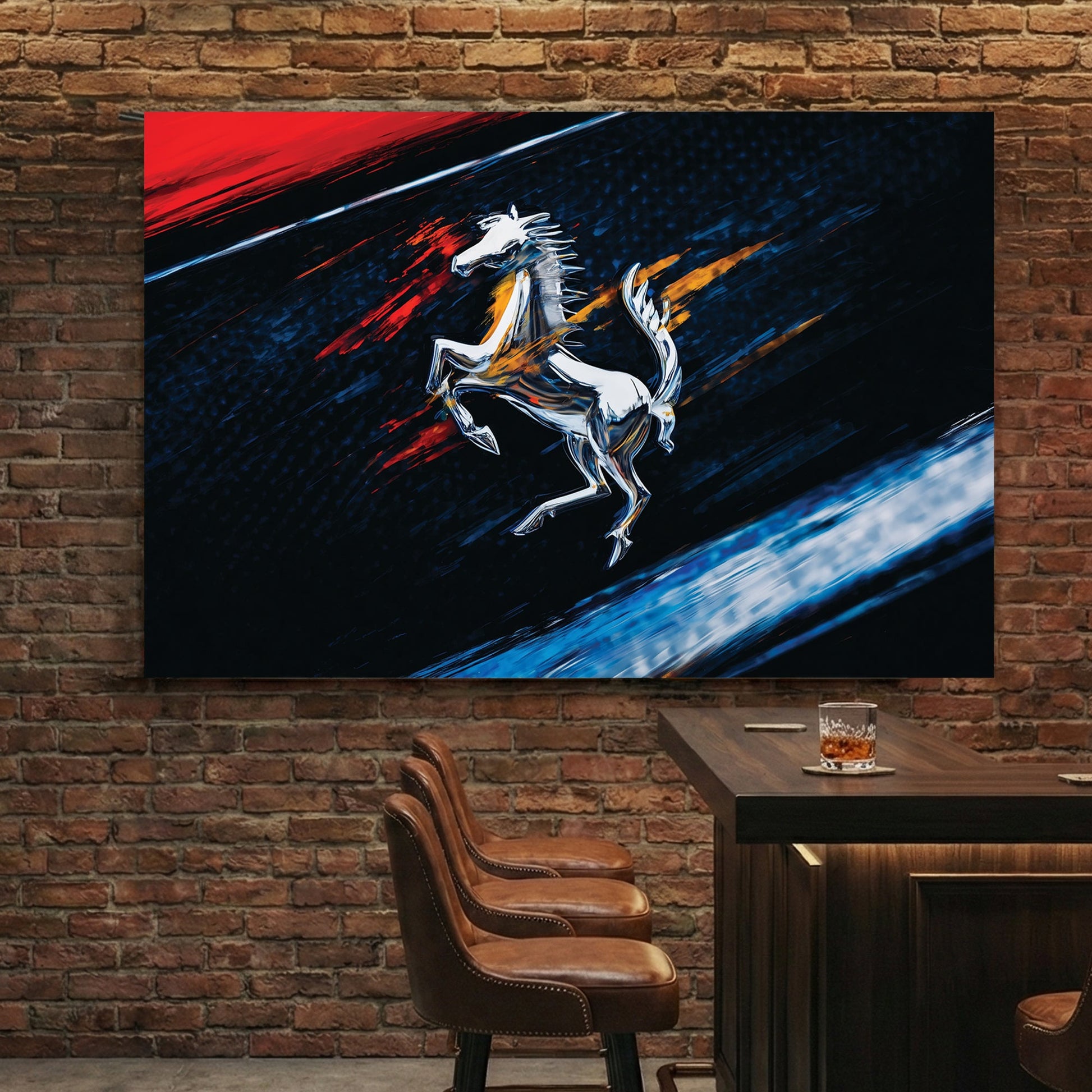 Ferrari prancing horse logo in a contemporary urban wall art style with red and blue accents.