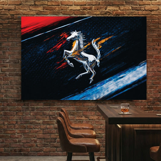 Ferrari prancing horse logo in a contemporary urban wall art style with red and blue accents.