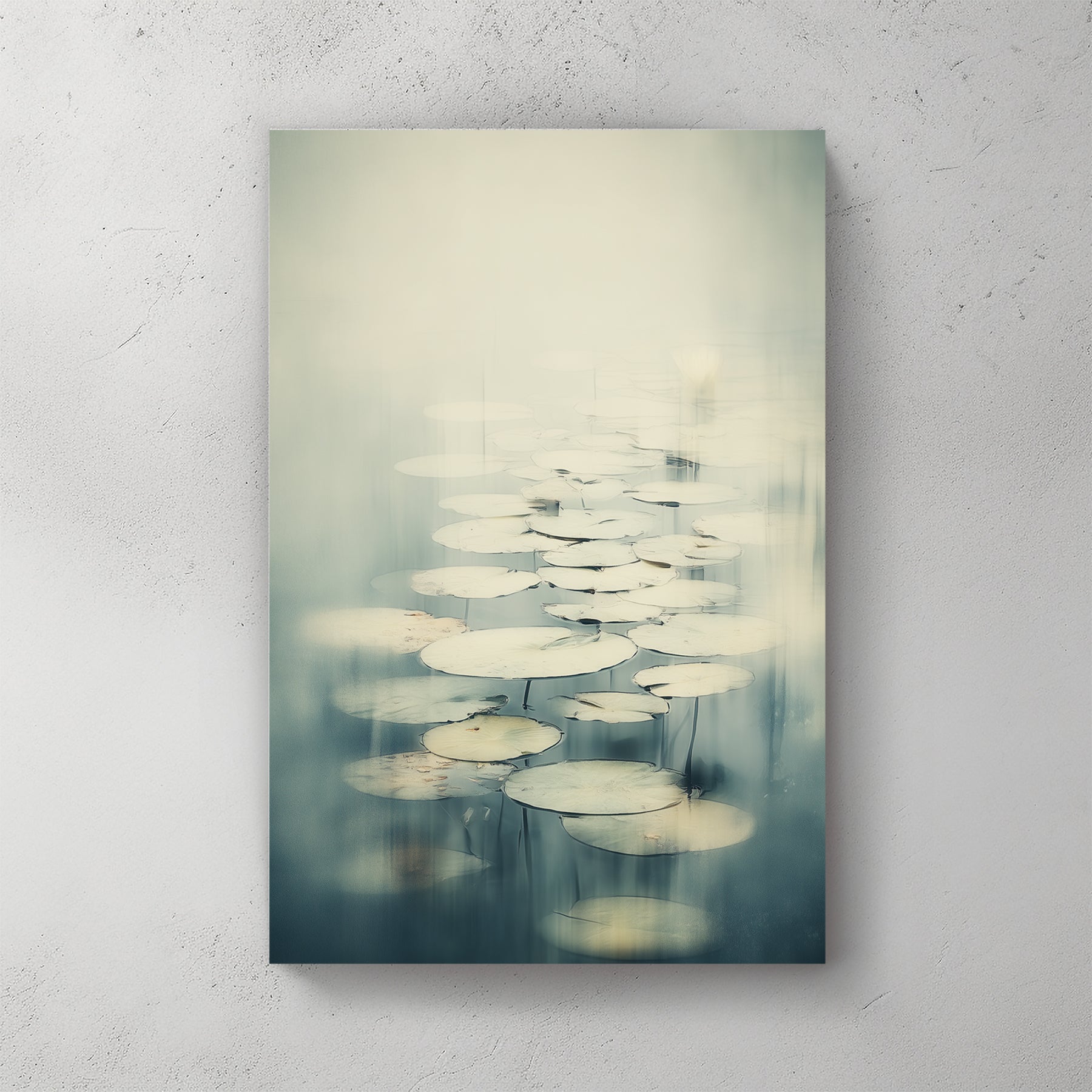 Impressionist Monet Water Lilies wall art featuring soft green lily pads in a misty pond.