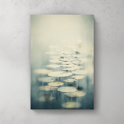 Impressionist Monet Water Lilies wall art featuring soft green lily pads in a misty pond.