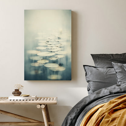 Impressionist Monet Water Lilies wall art featuring soft green lily pads in a misty pond.