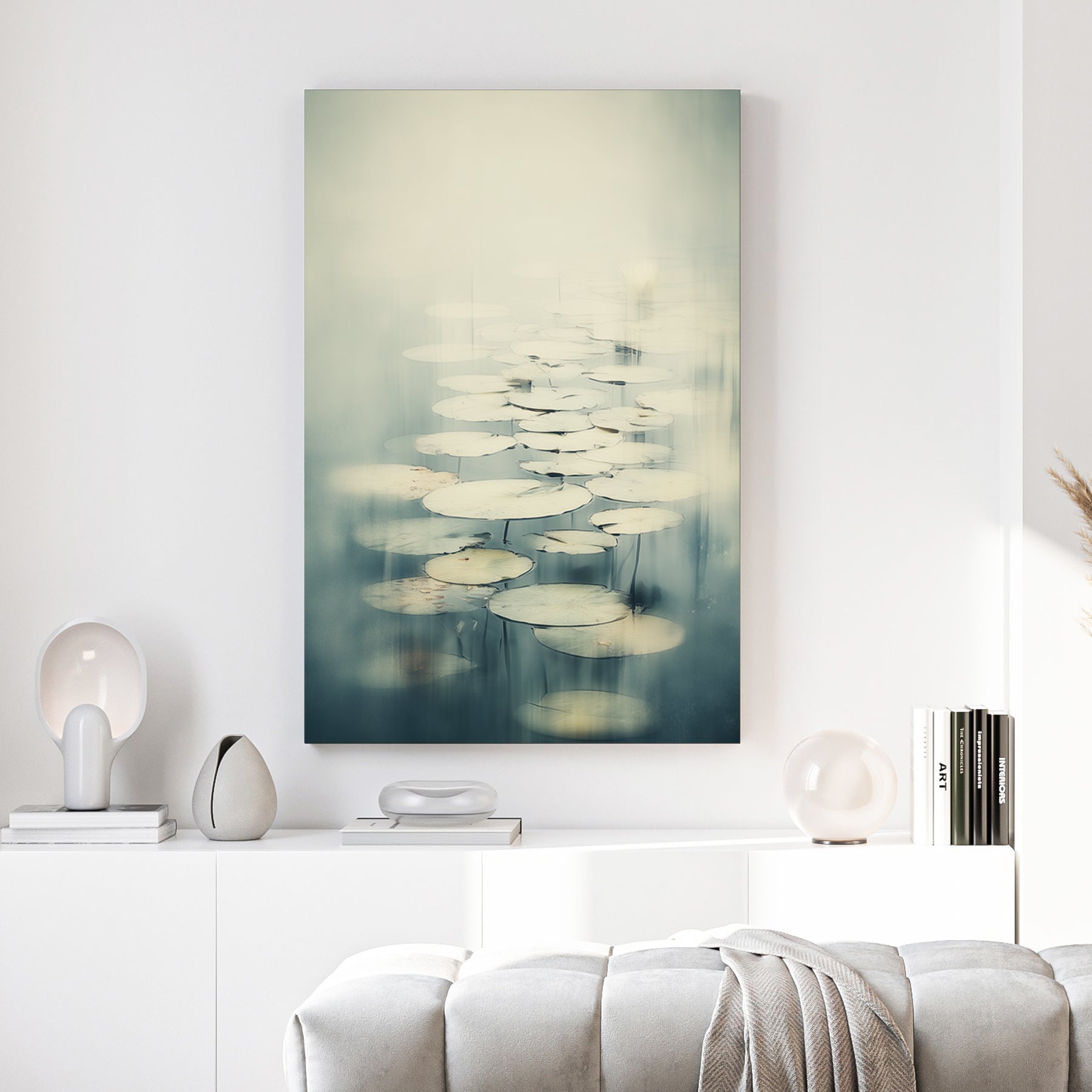 Impressionist Monet Water Lilies wall art featuring soft green lily pads in a misty pond.