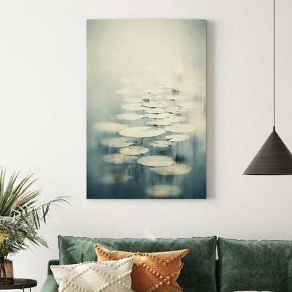 Impressionist Monet Water Lilies wall art featuring soft green lily pads in a misty pond.