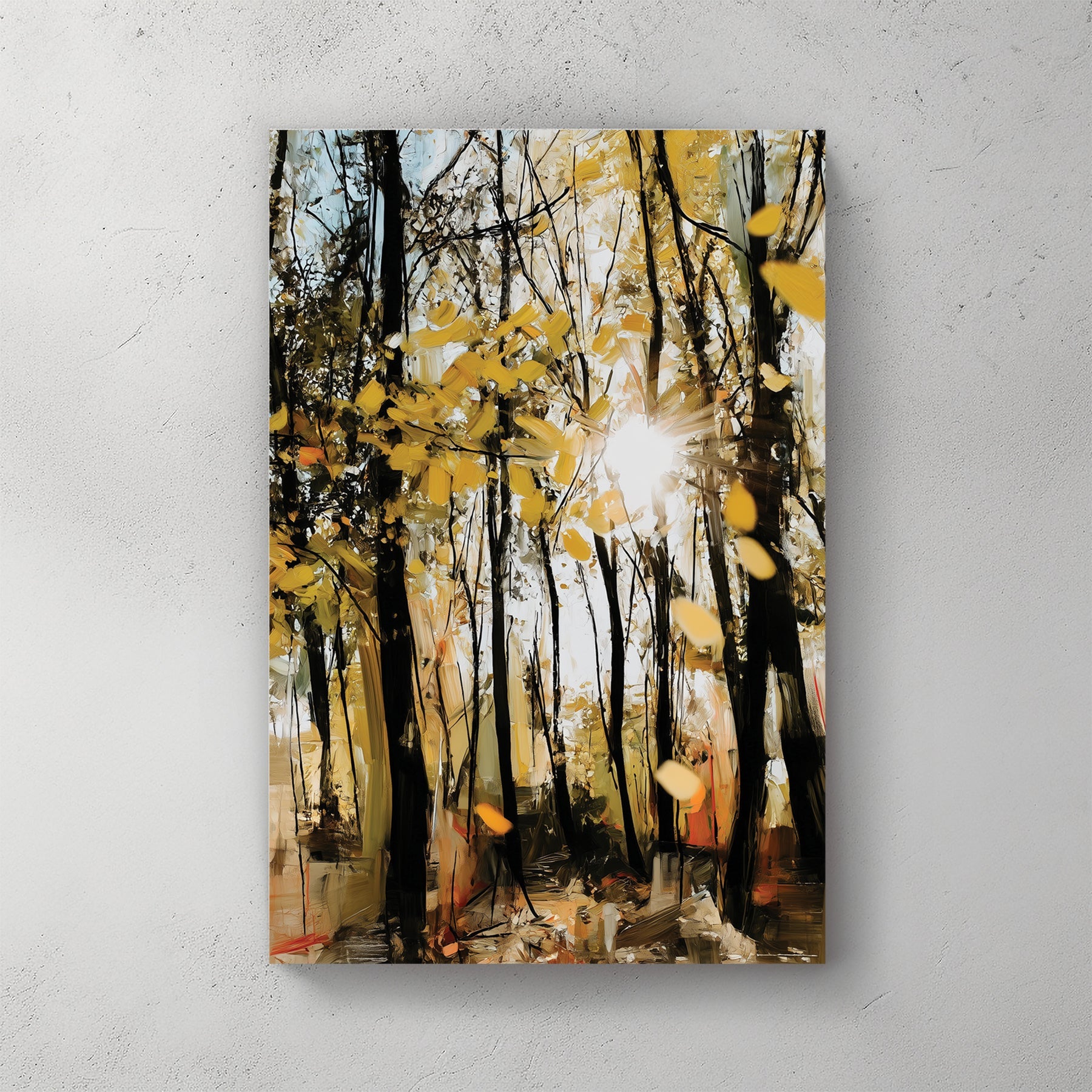 Impressionist golden autumn forest with sunbeams wall art.