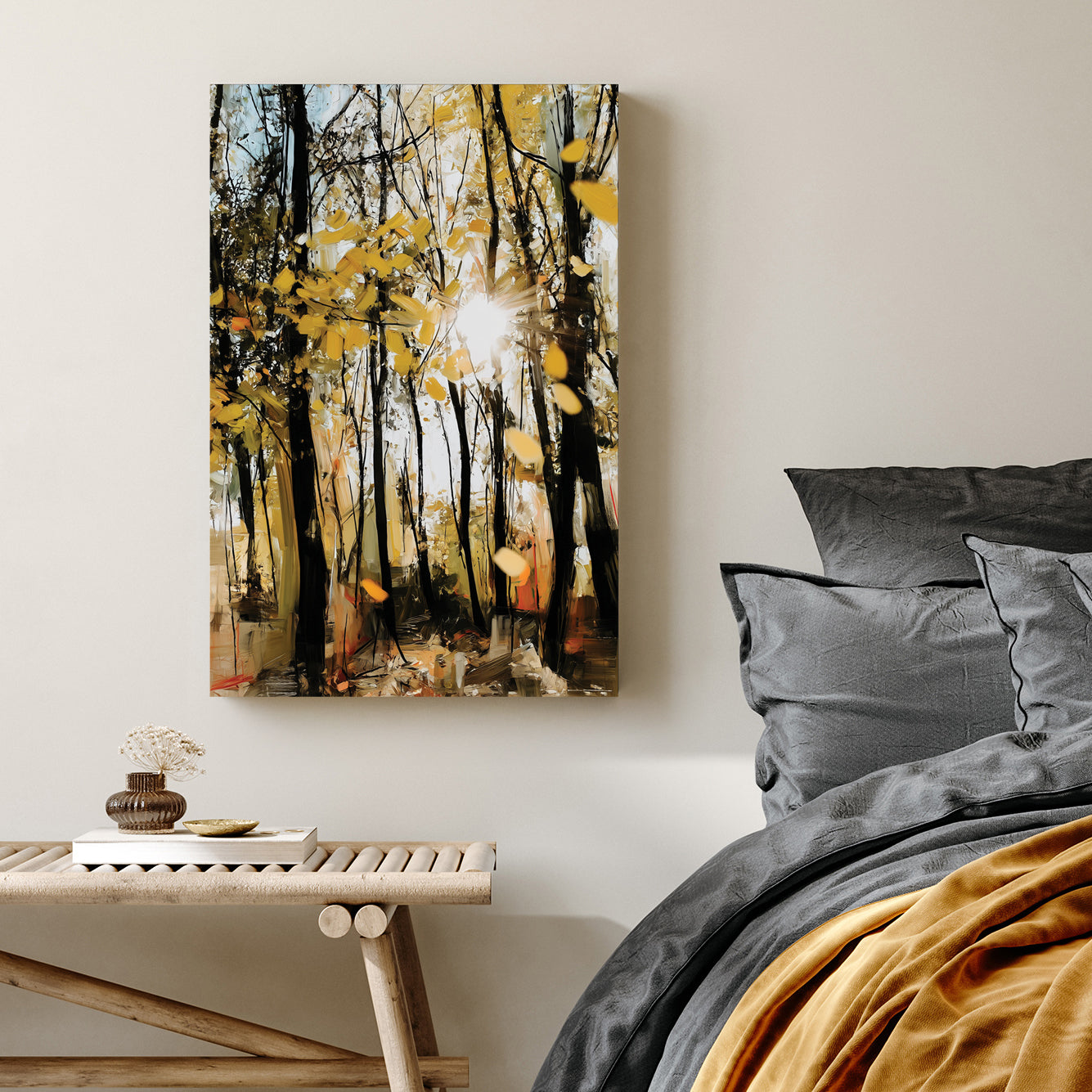 Impressionist golden autumn forest with sunbeams wall art.