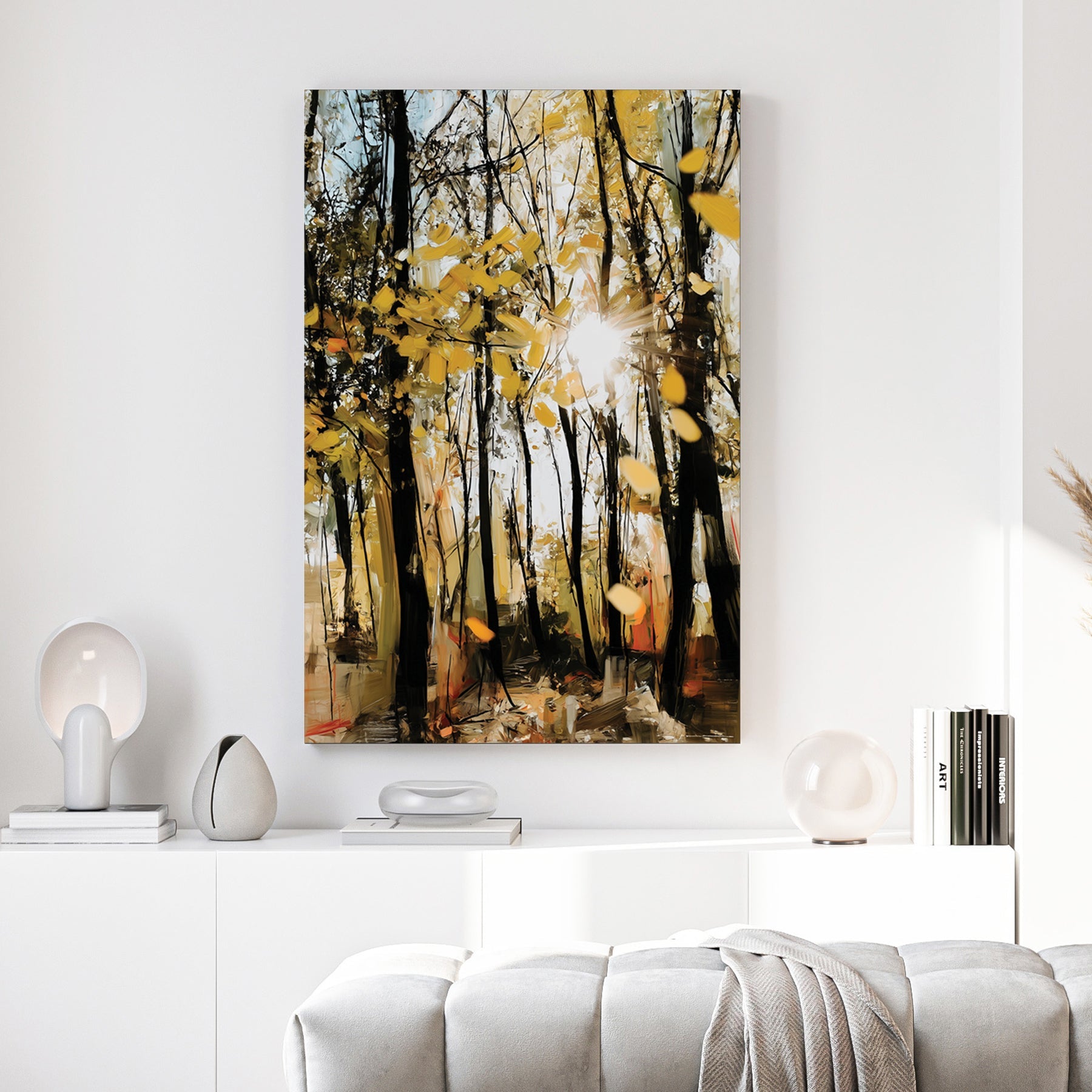Impressionist golden autumn forest with sunbeams wall art.