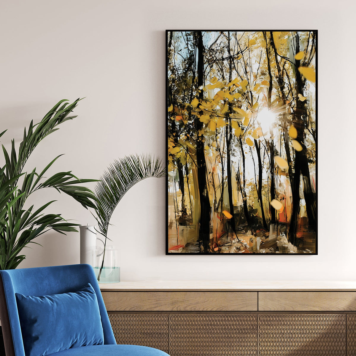 Impressionist golden autumn forest with sunbeams wall art.