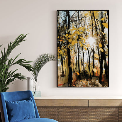 Impressionist golden autumn forest with sunbeams wall art.
